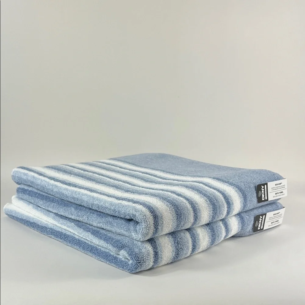 DKNY Bath Towels Eco Hue Blue and White Striped Plush Cotton Set of 2 NEW